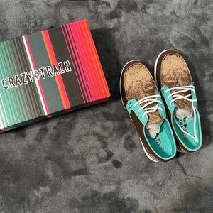 Crazy Train size 9 cowprint/brown/turquoise shoes. New with box